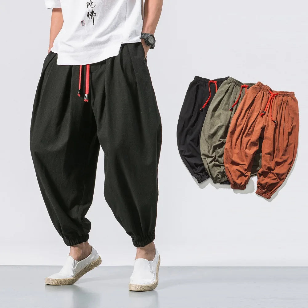Men’s Oversized Cotton Linen Harem Jogger Pants – Chinese Style, Casual Trousers