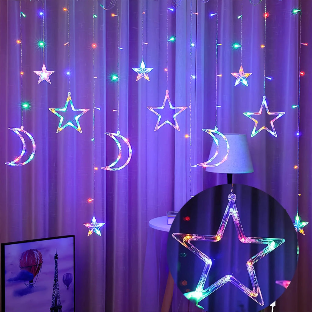 Star Moon Curtain String Lights – 3.5M, Battery Powered, Warm White & Multicolor, Room Decor