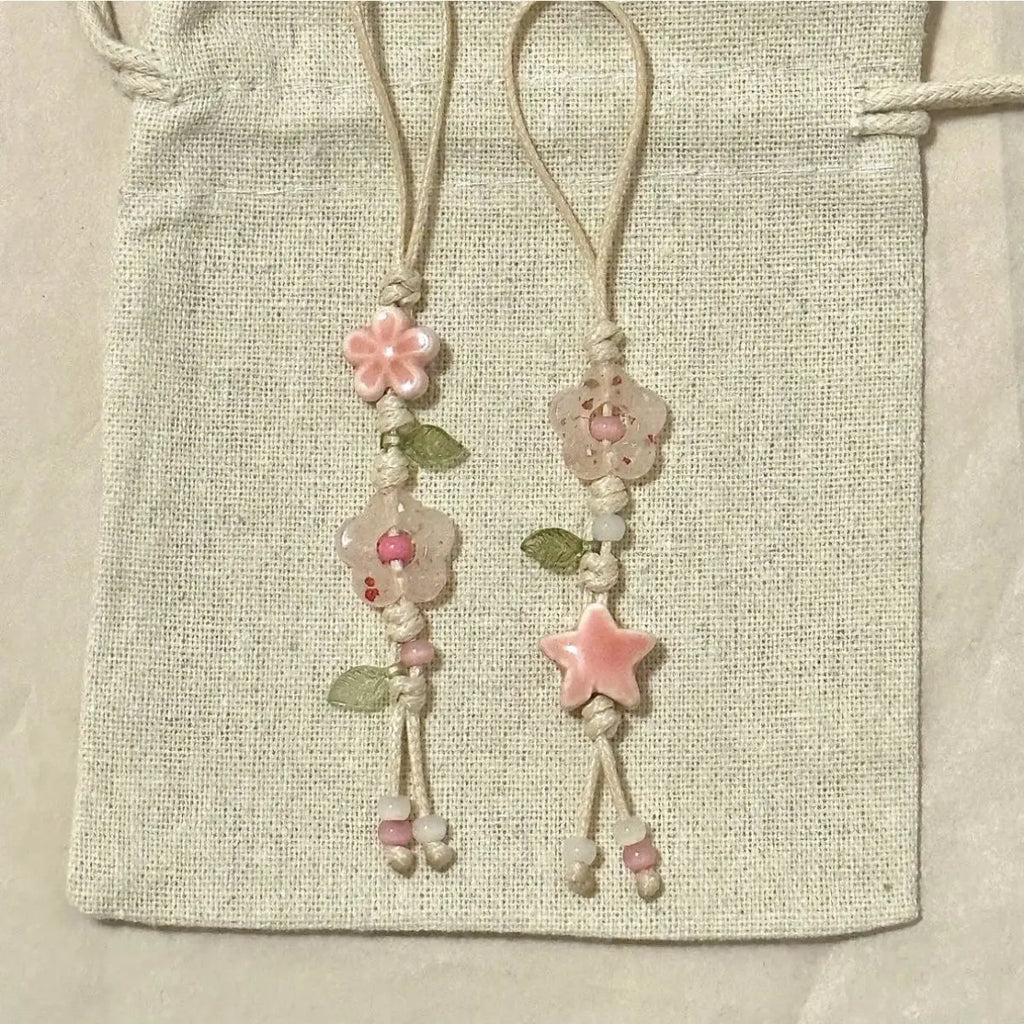 Kawaii Ceramic Beaded Phone Charm Strap – Star & Flower, Pastel Colors