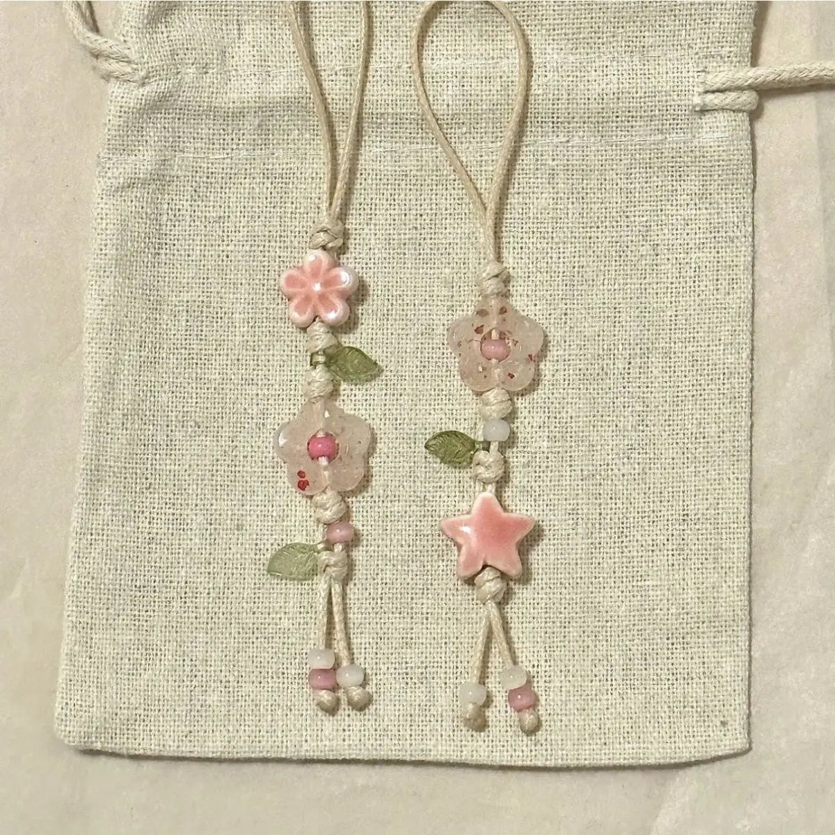 Kawaii Ceramic Beaded Phone Charm Strap – Star & Flower, Pastel Colors