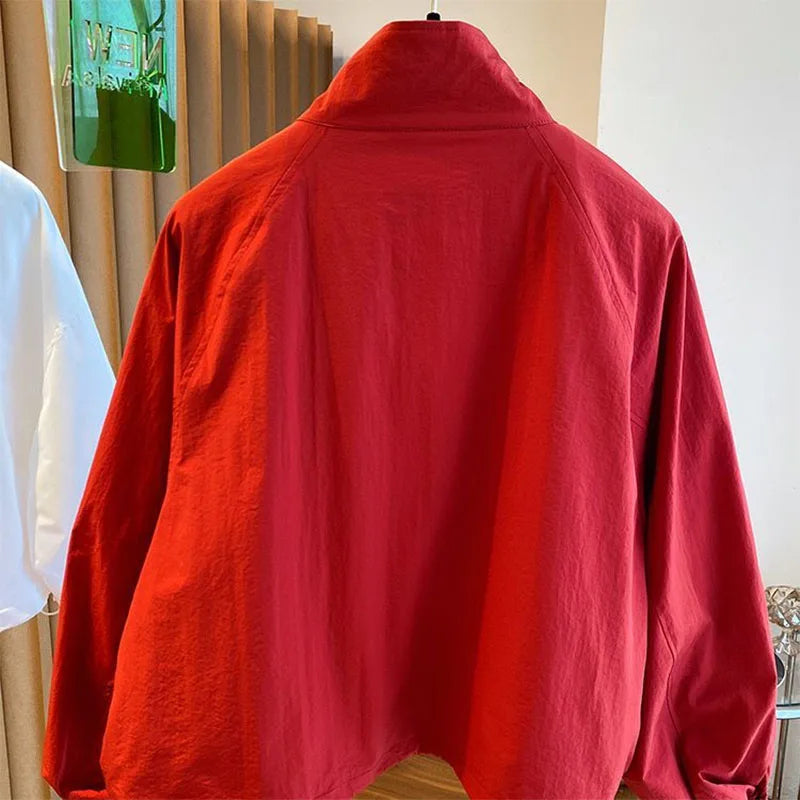 Women’s Red Stand Collar Zip-Up Jacket – Casual Loose Fit, Drawstring Cuffs, Autumn & Spring