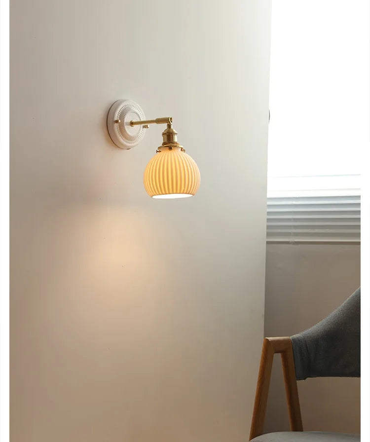IWHD White Ceramic Nordic Wall Lamp – LED, Bedroom & Bathroom, Copper Accent, 4W–100W