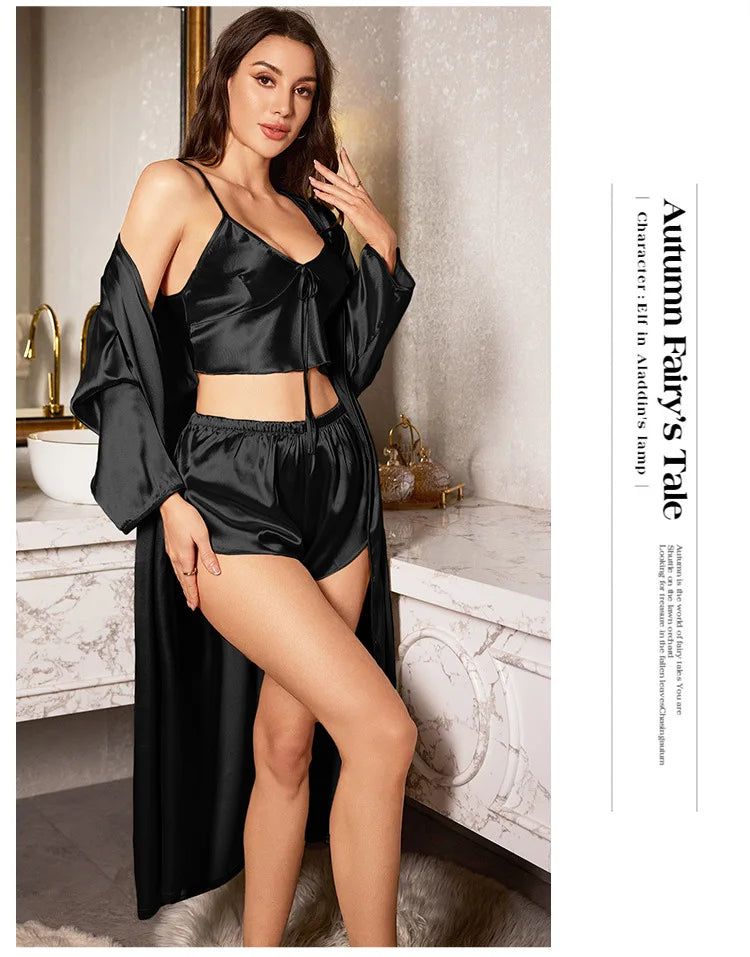 Women’s 3-Piece Satin Robe & Nightgown Set – Sling Dress & Short Robe, Sizes S–XL