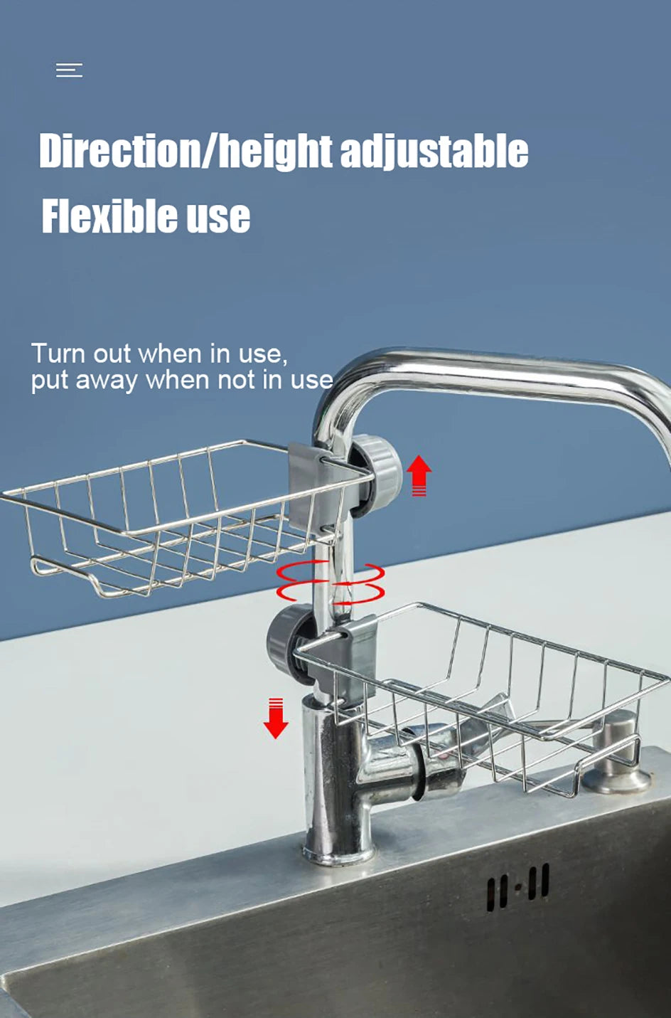 Kitchen Sink Sponge & Soap Drain Rack Organizer – Flexible Faucet Holder, Towel Shelf