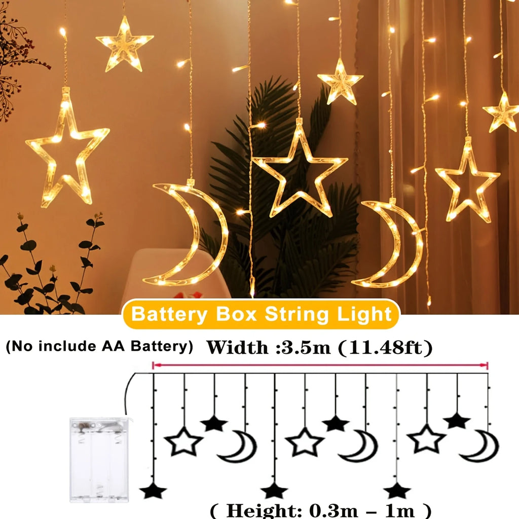 Star Moon Curtain String Lights – 3.5M, Battery Powered, Warm White & Multicolor, Room Decor