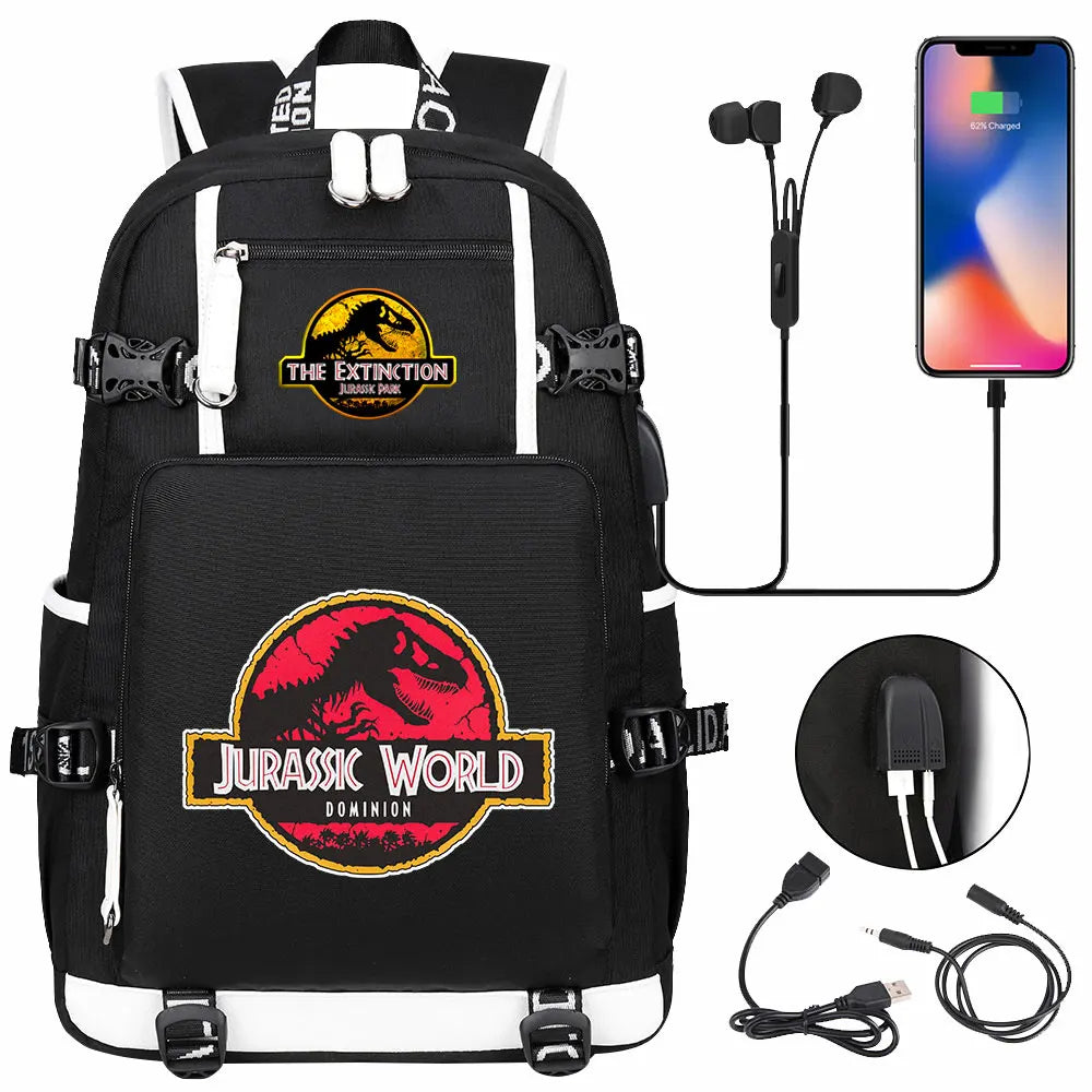 Jurassic World Dinosaur Backpack with USB Port – Large Capacity Laptop Bag for Men & Women
