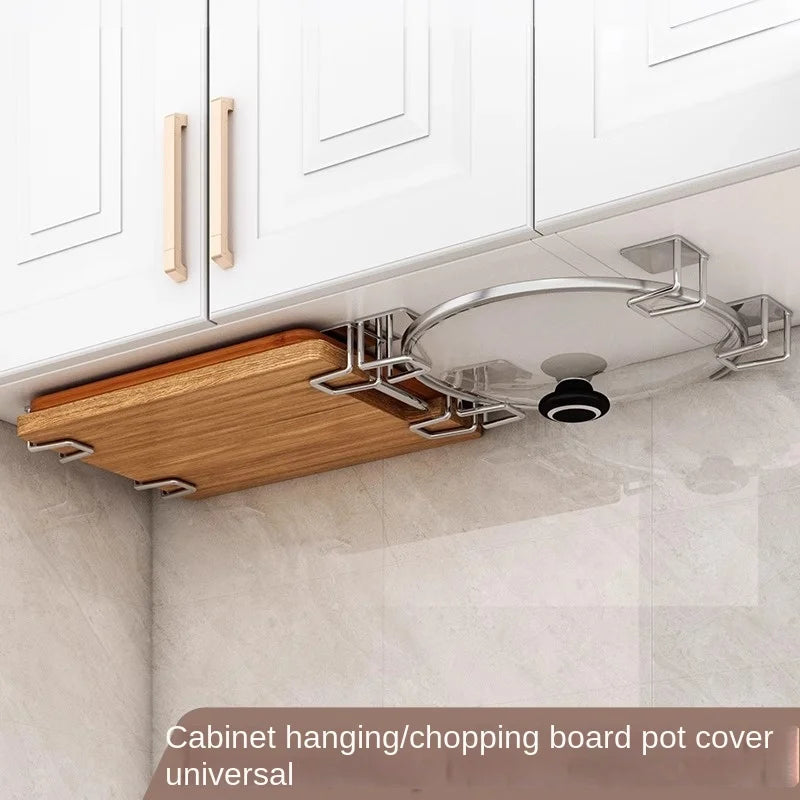 Stainless Steel Wall-Mounted Pot Cover & Cutting Board Rack – No-Drill, Cabinet Bottom Mount