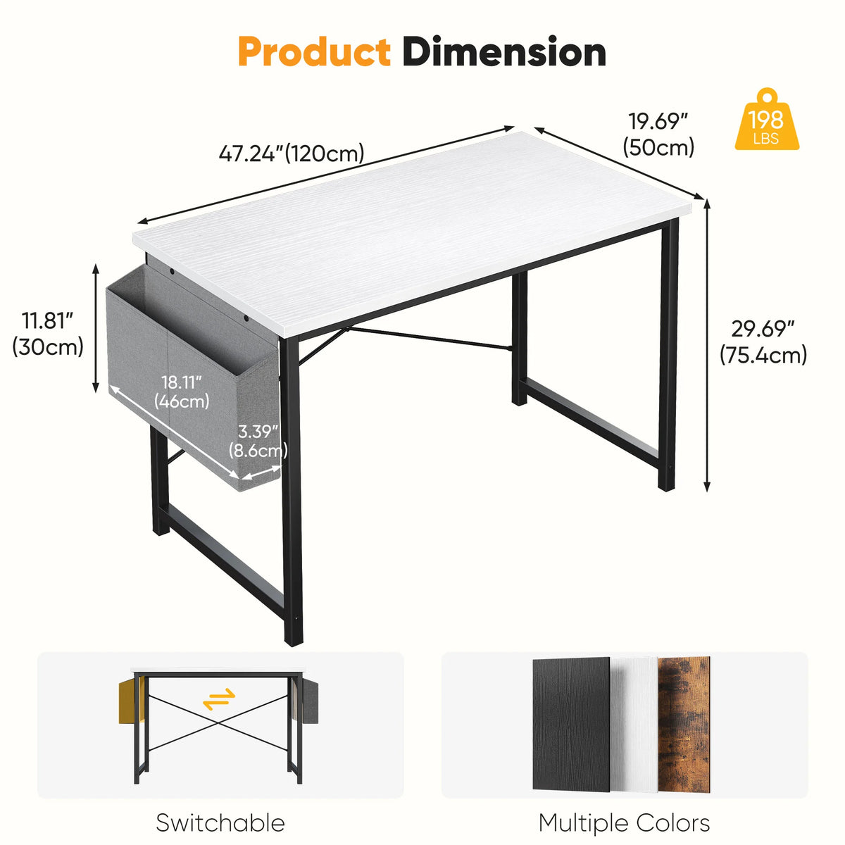 Computer Gaming Desk with Storage Bag – Metal Frame, Wood Tabletop, 31–55 Inch – Black, Rust, White