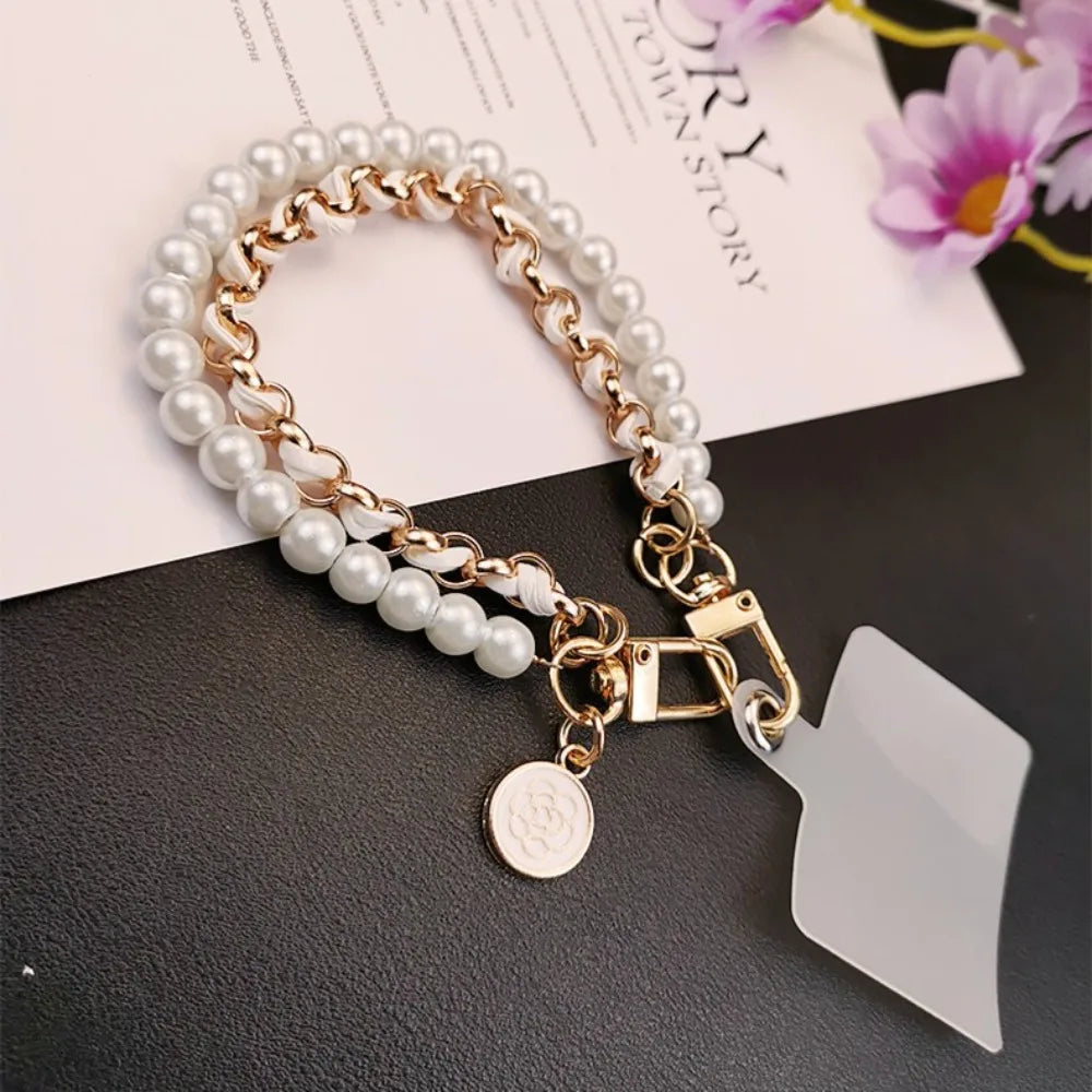 Leather Pearl Camellia Phone Charm Bracelet – Anti-Loss Wrist Strap, 26cm – White, Pink, Black