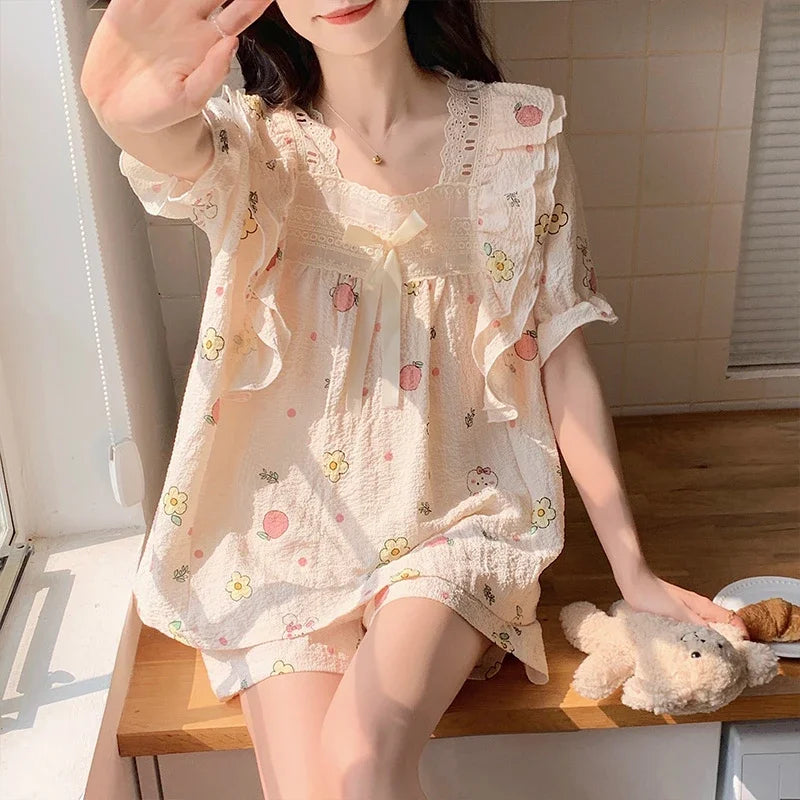 Women’s Kawaii Floral Print Short Sleeve Pajama Set – 2-Piece, Sizes M–XXL