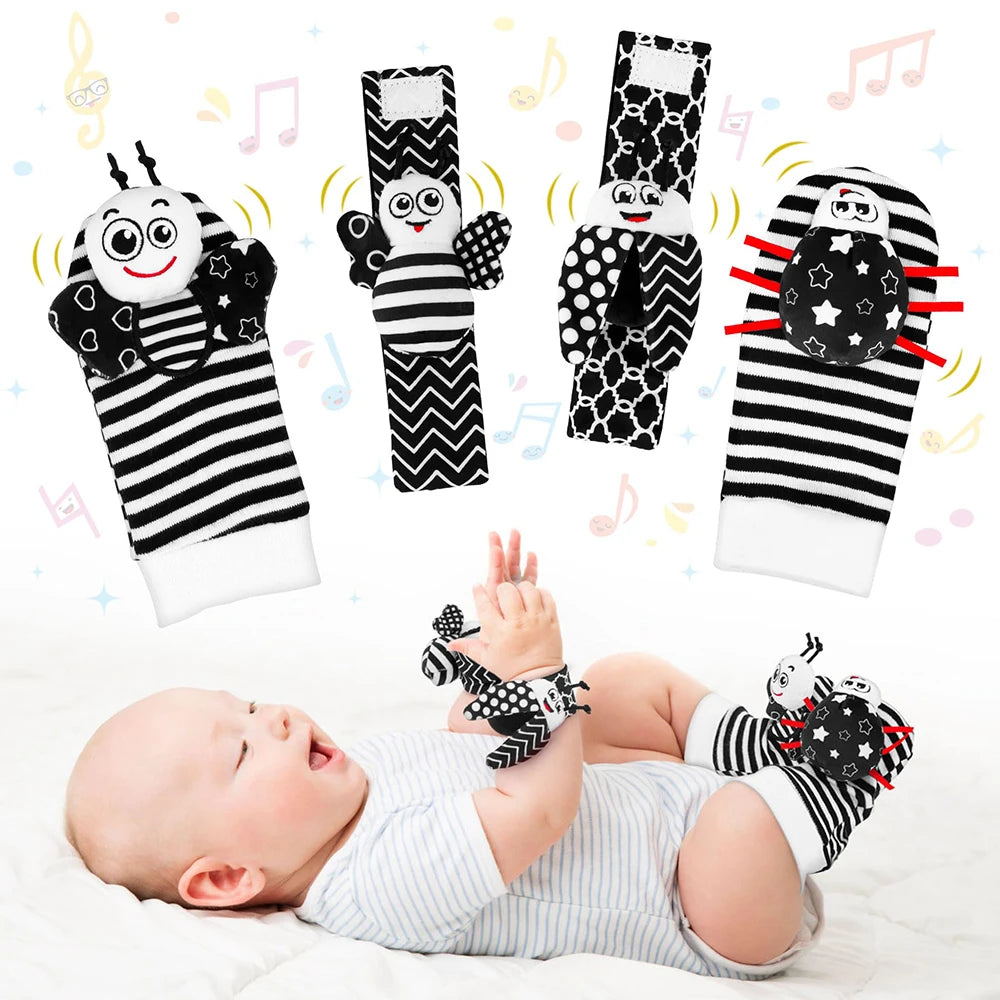 Baby Wrist Rattle & Foot Finder Sensory Toy Set – Black & White, Newborn Essential