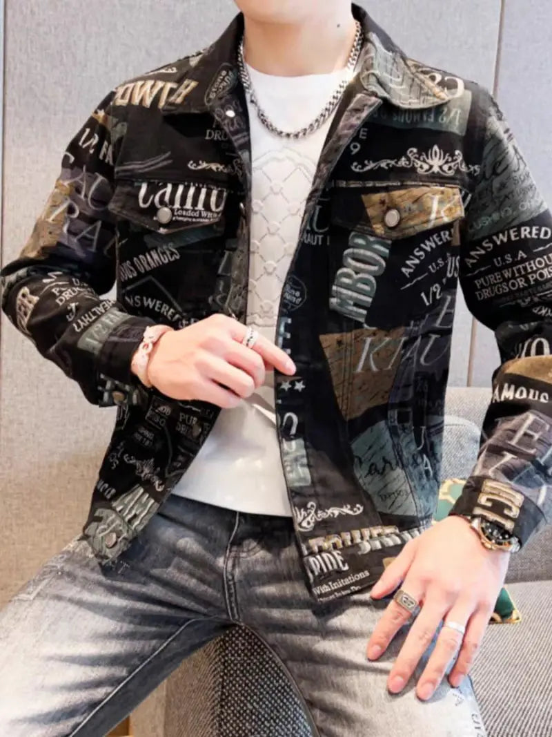 Men’s Slim-Fit Print Jacket – Trendy Outerwear, Sizes M–XXXL, Black