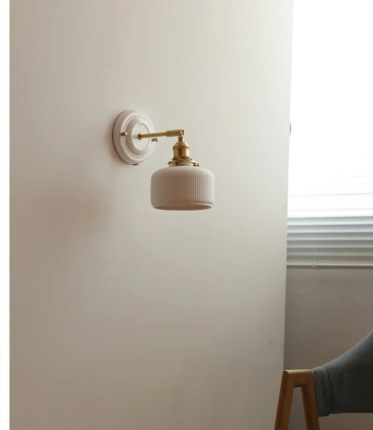 IWHD White Ceramic Nordic Wall Lamp – LED, Bedroom & Bathroom, Copper Accent, 4W–100W