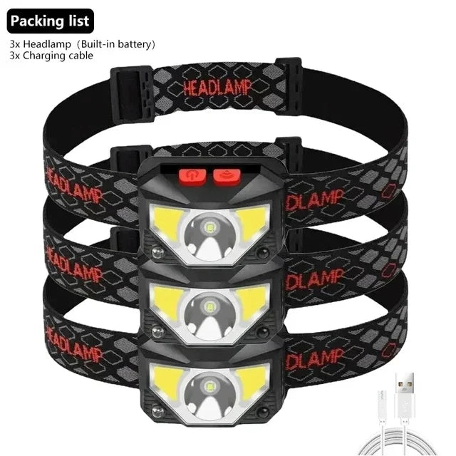 High Power COB LED Headlamp with Sensor Type-C Rechargeable IPX6 Waterproof Flashlight for Camping Running Fishing Head Light