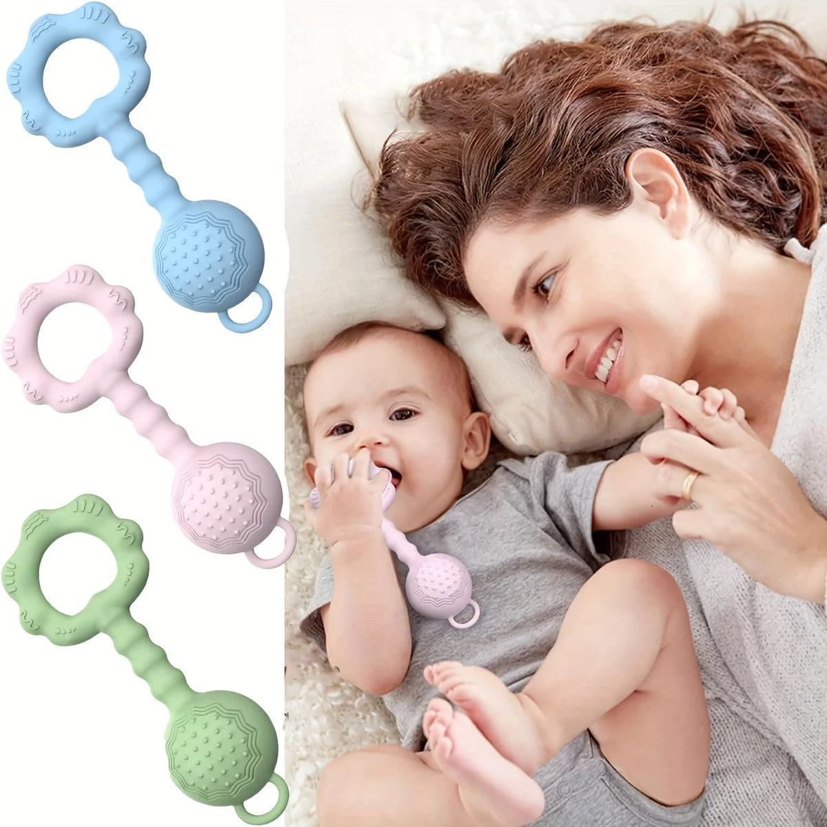 2-in-1 Silicone Baby Rattle & Teether Ring – Soft Soothing, Massage Dots, Newborn Toy