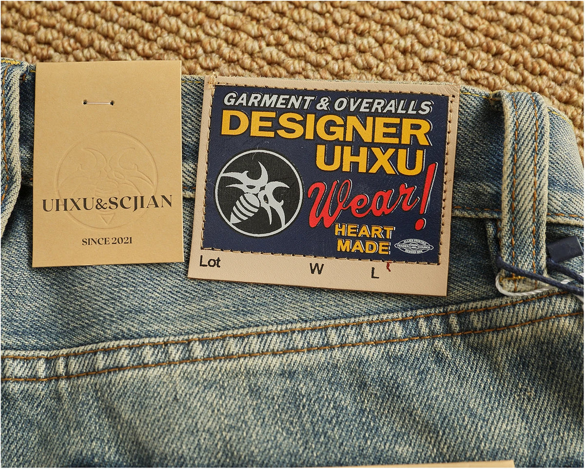 Men’s Retro Heavyweight Straight Tapered Jeans – 100% Cotton, Washed Denim, Sizes 29–38