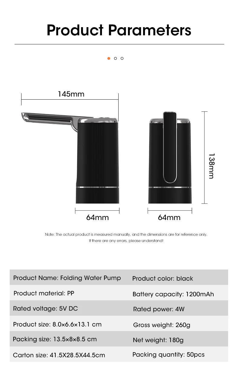 USB Electric Water Bottle Pump Dispenser – Portable, Foldable, Automatic, Household Use