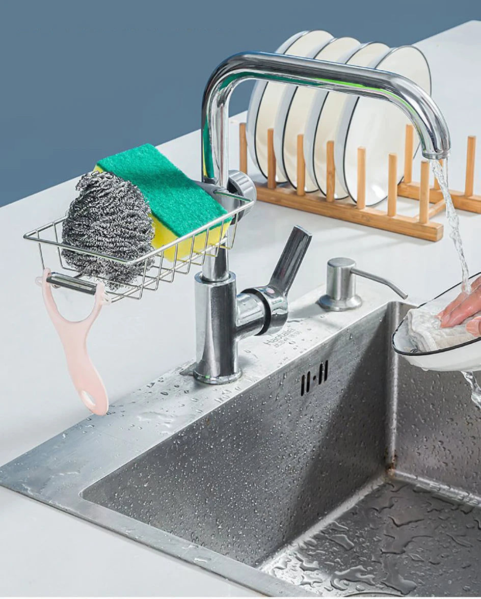 Kitchen Sink Sponge & Soap Drain Rack Organizer – Flexible Faucet Holder, Towel Shelf