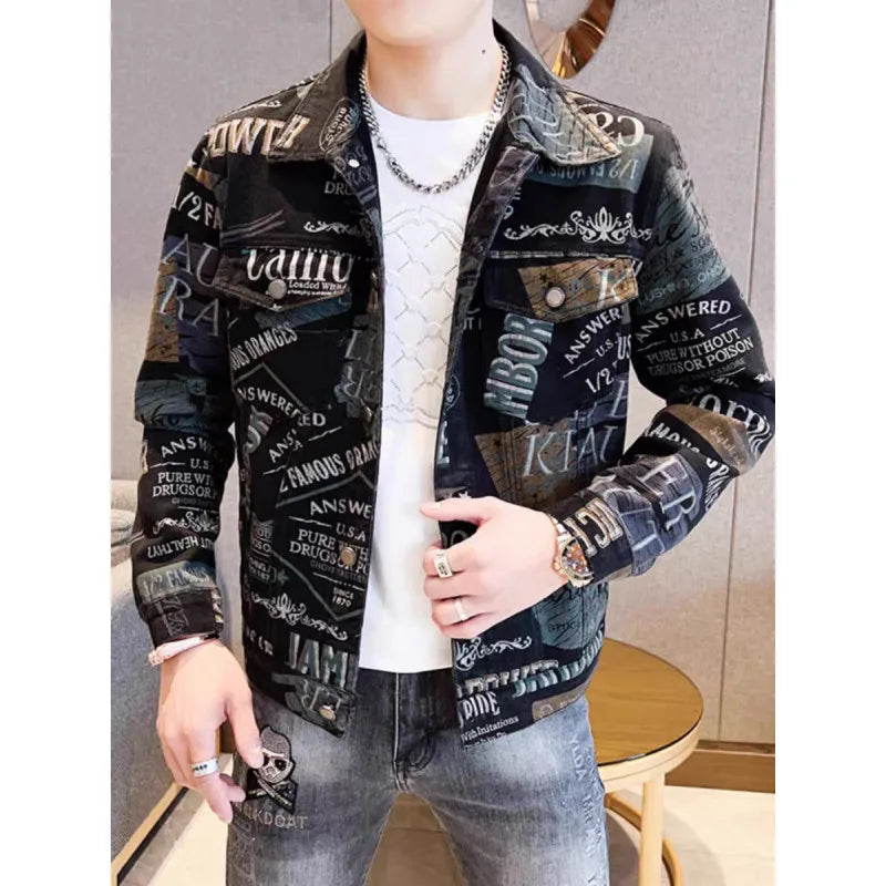Men’s Slim-Fit Print Jacket – Trendy Outerwear, Sizes M–XXXL, Black