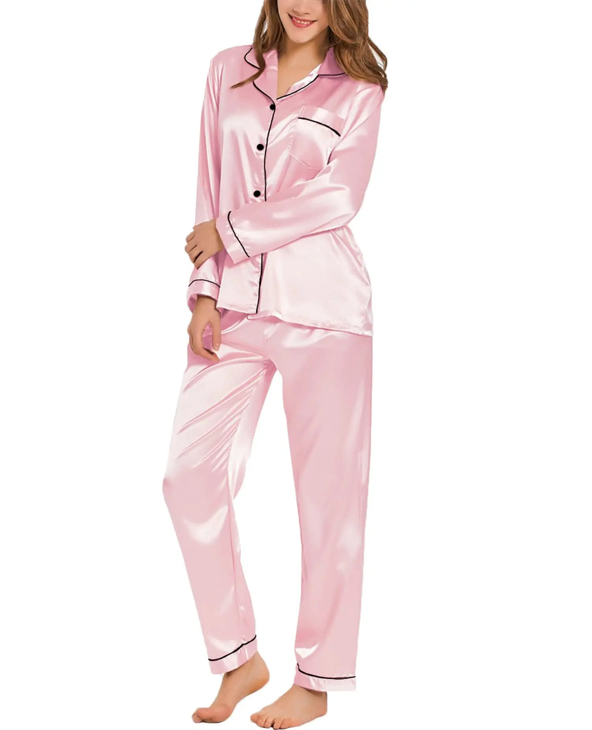 Women’s Silk Satin Button-Down Pajama Set – Long Sleeve, 6 Colors, Sizes S–XXL