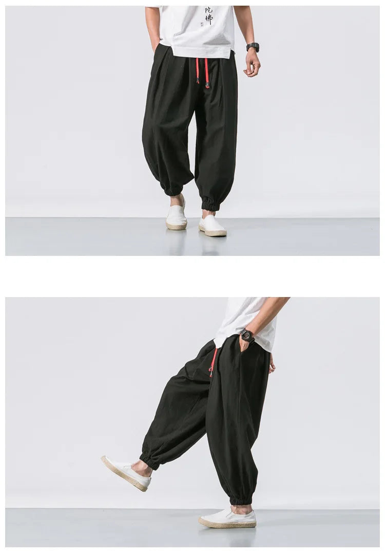 Men’s Oversized Cotton Linen Harem Jogger Pants – Chinese Style, Casual Trousers