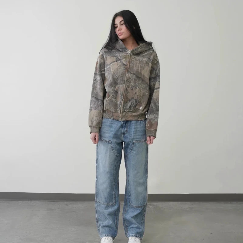 Y2K Retro Zip Up Hoodie Men Camouflage Pattern Zipper Sweatshirt High Street Hip Hop Streetwear Oversized Unisex Camo Hoodie