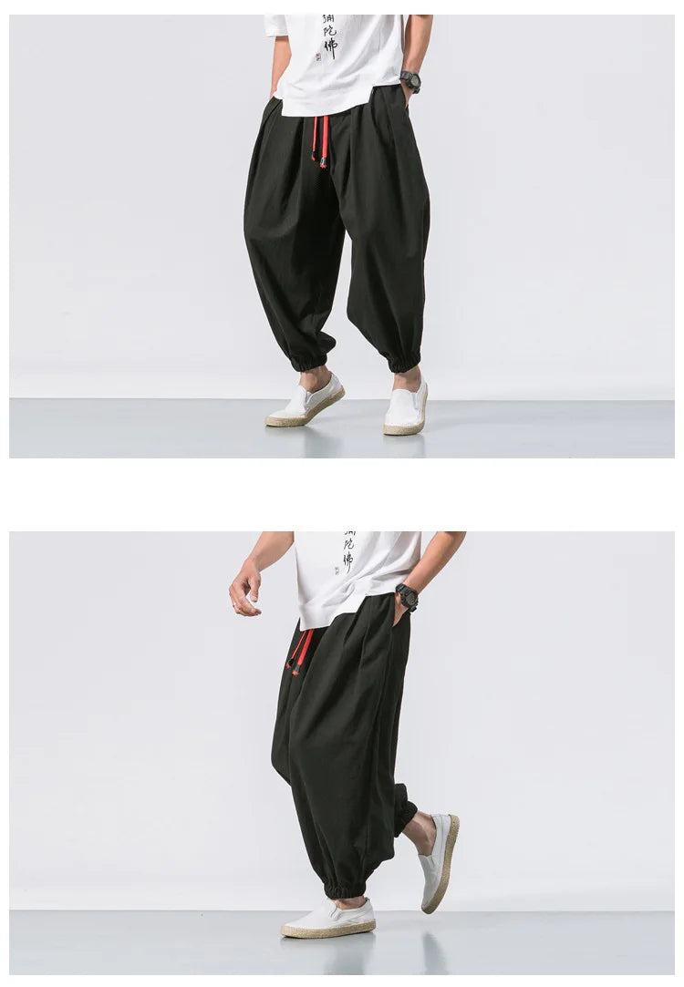Men’s Oversized Cotton Linen Harem Jogger Pants – Chinese Style, Casual Trousers