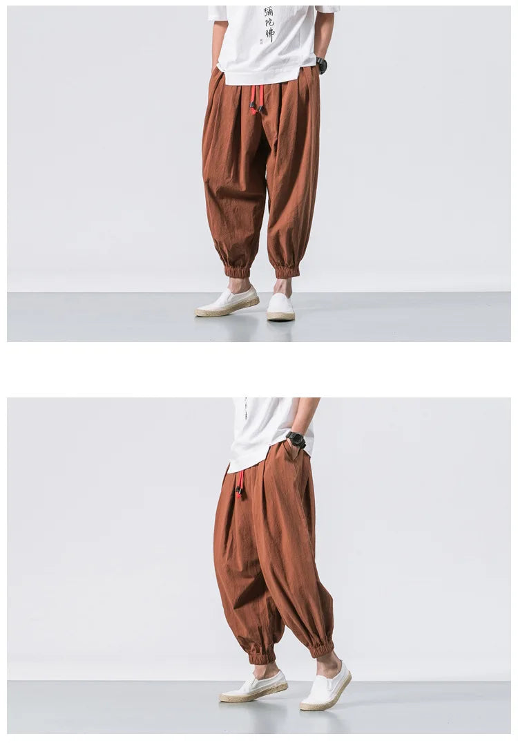 Men’s Oversized Cotton Linen Harem Jogger Pants – Chinese Style, Casual Trousers