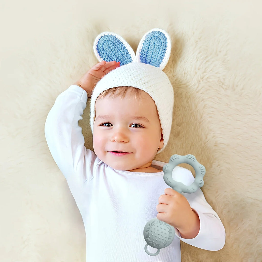 2-in-1 Silicone Baby Rattle & Teether Ring – Soft Soothing, Massage Dots, Newborn Toy
