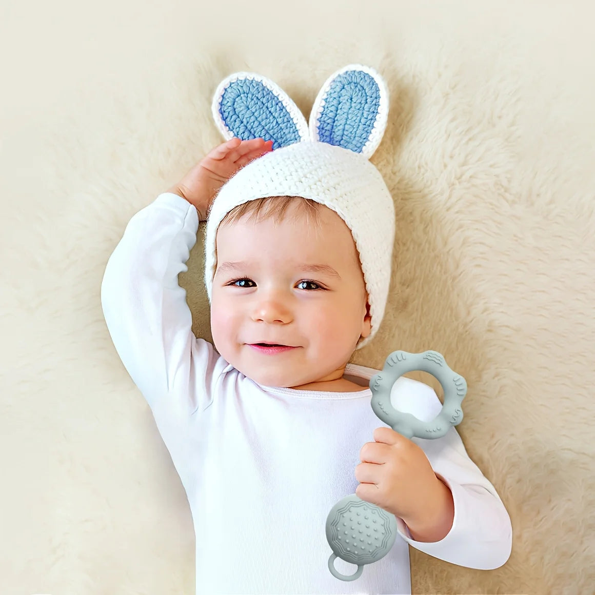 2-in-1 Silicone Baby Rattle & Teether Ring – Soft Soothing, Massage Dots, Newborn Toy