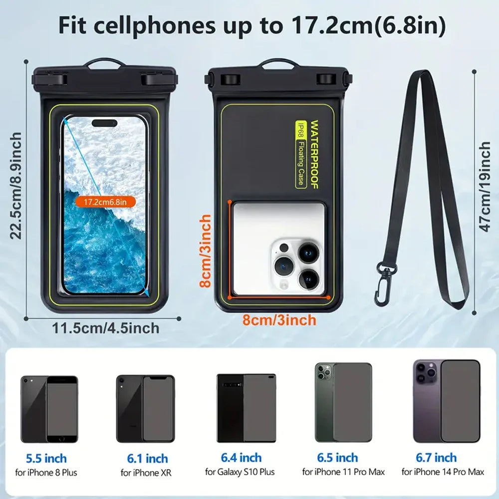 Universal Waterproof Phone Bag with Tether – Beach, Swimming, Skiing & Surfing
