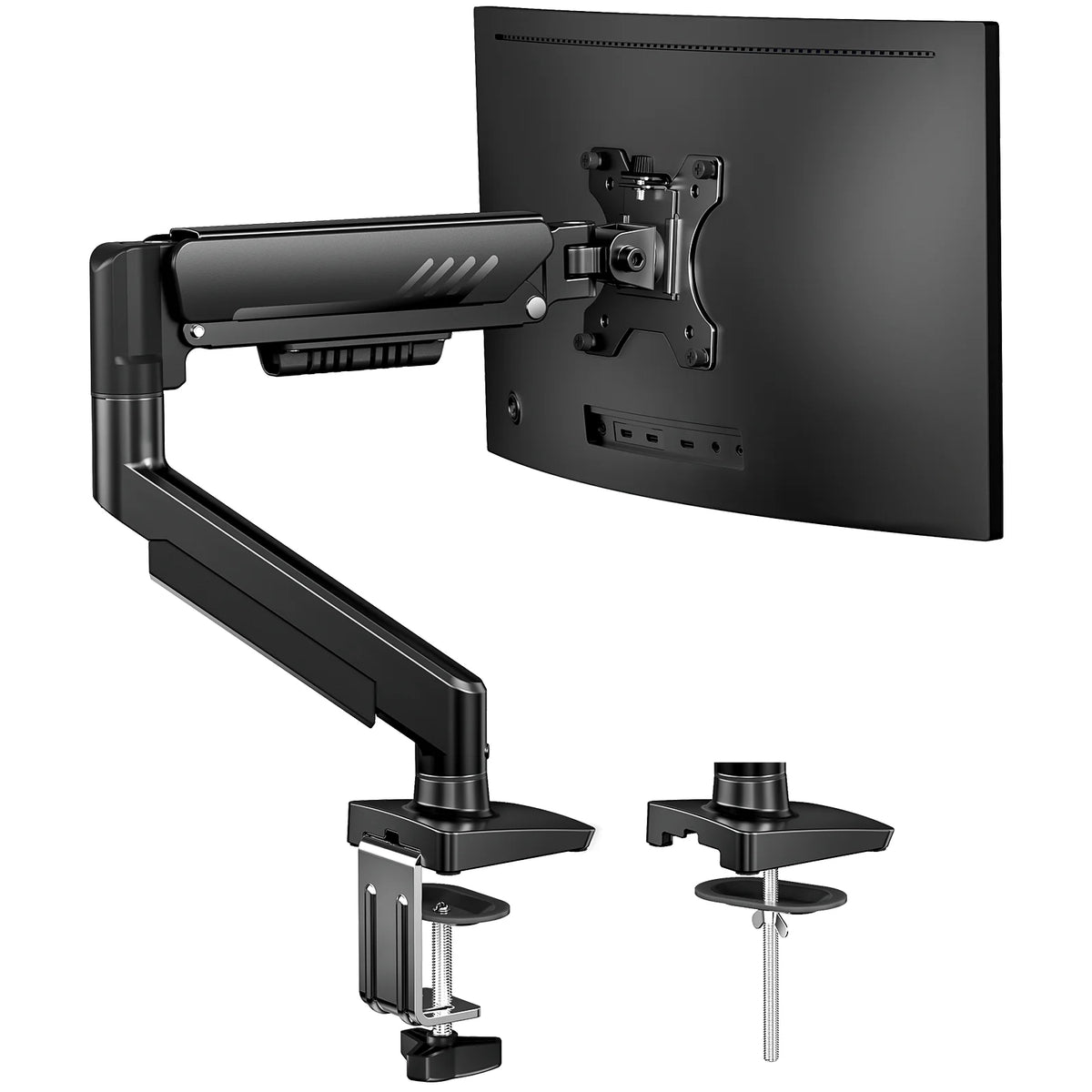 Single Monitor Arm – Gas Spring, 13–34 Inch, VESA 75/100mm, C-Clamp & Grommet, 4.4–19lbs