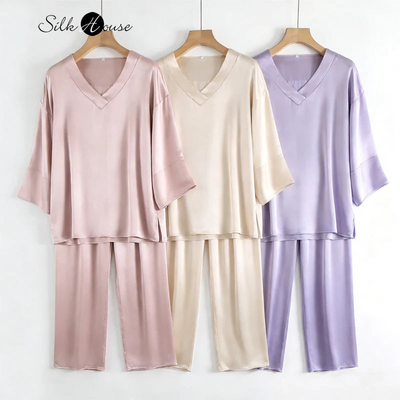 100% Mulberry Silk Satin Pajama Set – V-Neck, Three-Quarter Sleeve, 7 Colors, Sizes L–1XL