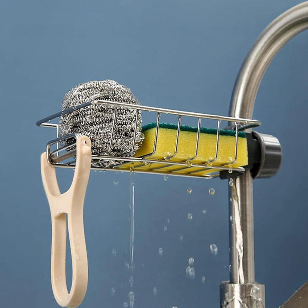 Kitchen Sink Sponge & Soap Drain Rack Organizer – Flexible Faucet Holder, Towel Shelf