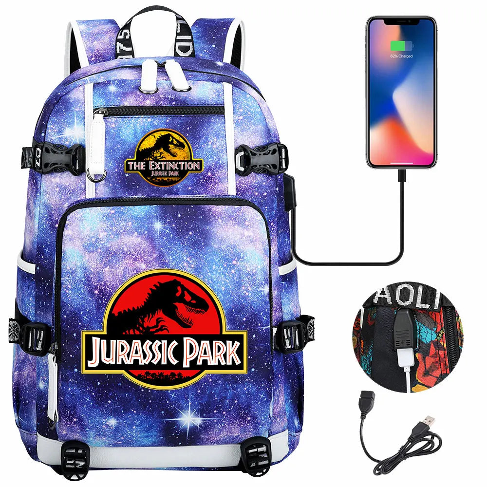 Jurassic World Dinosaur Backpack with USB Port – Large Capacity Laptop Bag for Men & Women
