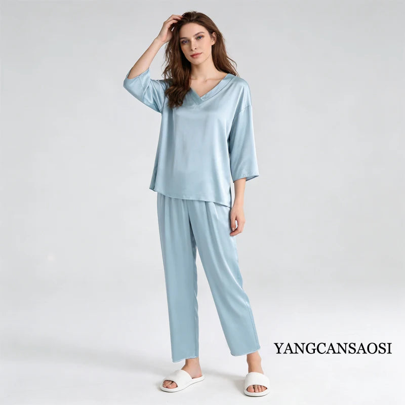 100% Mulberry Silk Satin Pajama Set – V-Neck, Three-Quarter Sleeve, 7 Colors, Sizes L–1XL