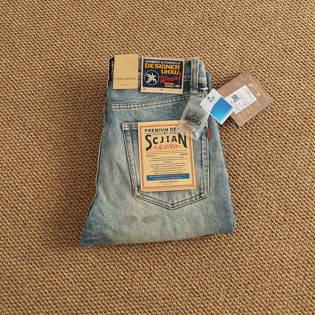 Men’s Retro Heavyweight Straight Tapered Jeans – 100% Cotton, Washed Denim, Sizes 29–38