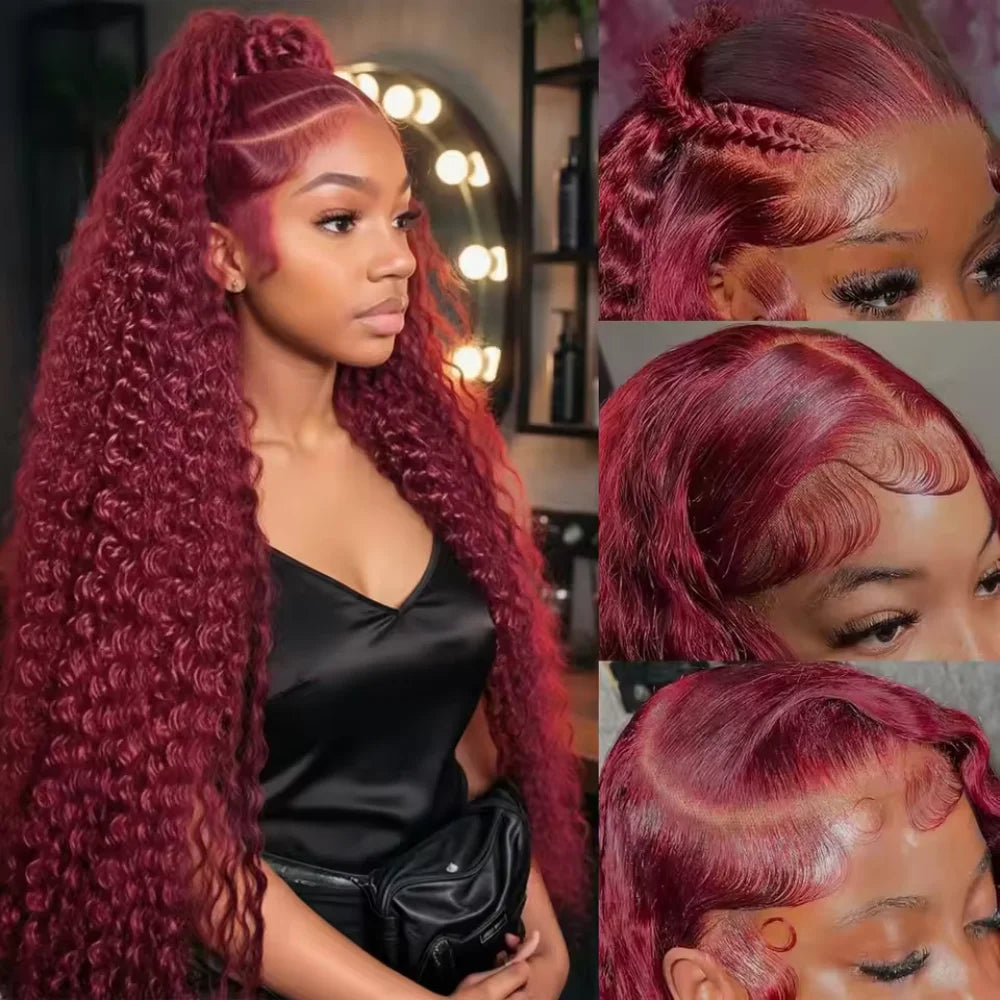 99J Burgundy Deep Wave 13x4 HD Lace Front Human Hair Wig – 16–34 Inch, Pre-Plucked