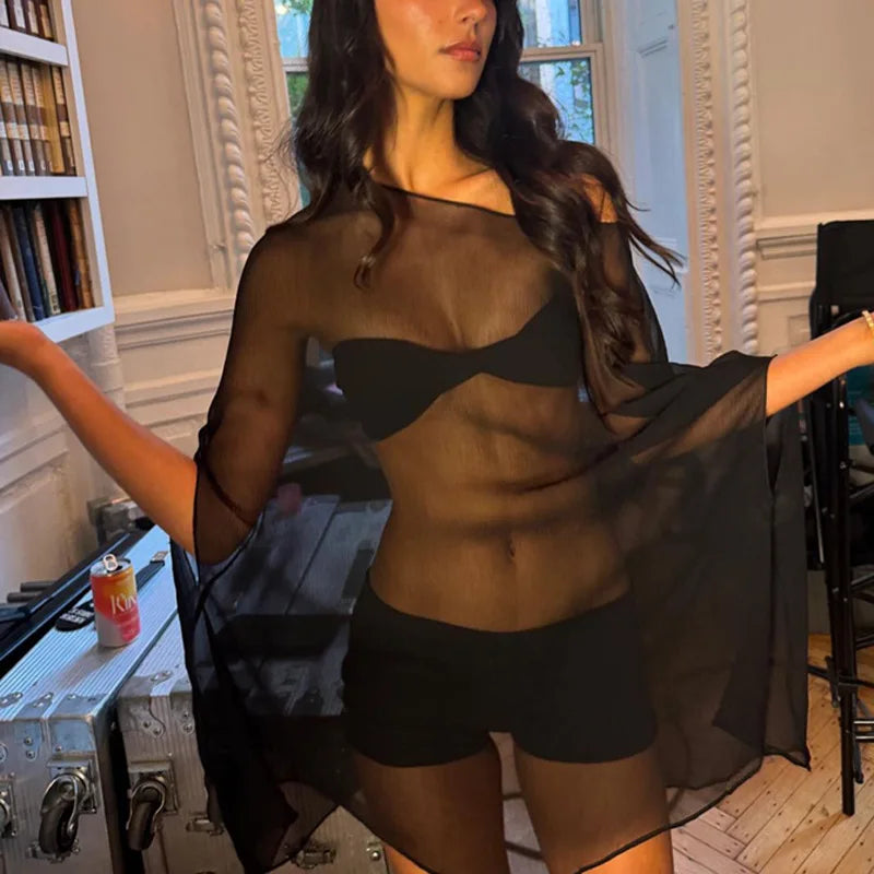 Women’s Sheer Chiffon Blouse Cover-Up Top – Sexy, Elegant, White & Black, Night Club