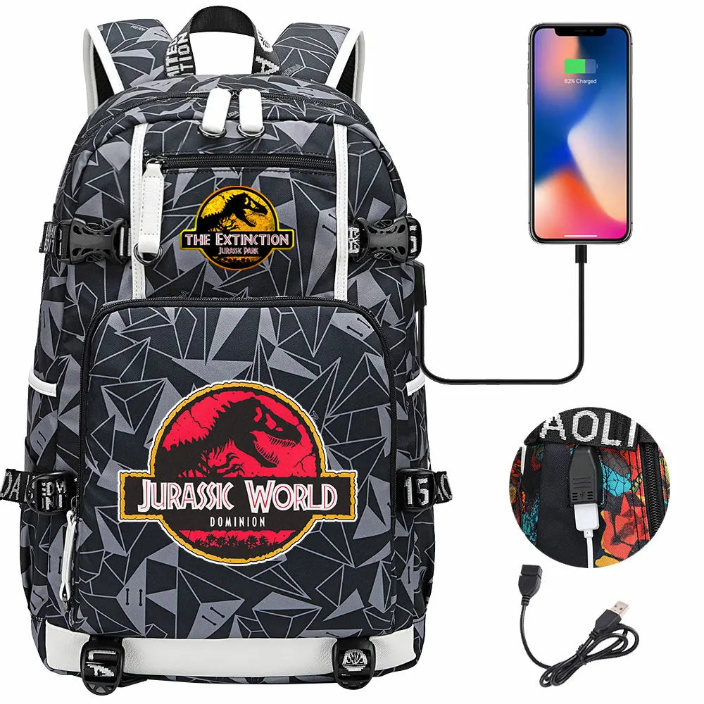 Jurassic World Dinosaur Backpack with USB Port – Large Capacity Laptop Bag for Men & Women