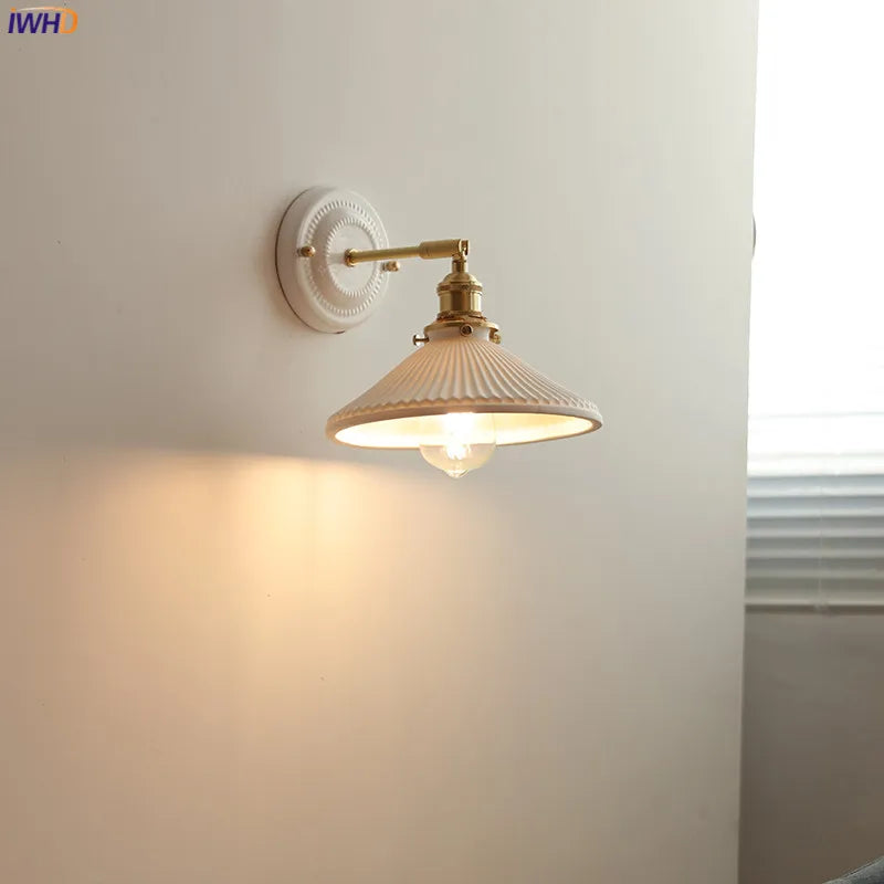 IWHD White Ceramic Nordic Wall Lamp – LED, Bedroom & Bathroom, Copper Accent, 4W–100W