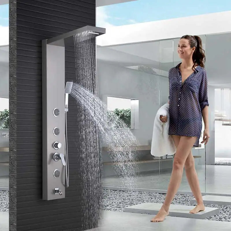 Luxury LED Waterfall Shower Panel System | Rain, Massage Jets & Hand Shower
