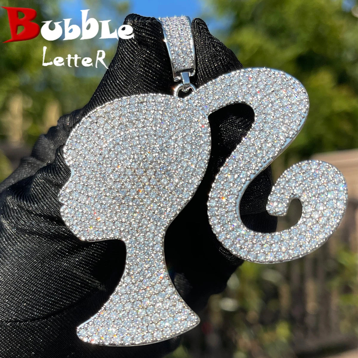 Gold Plated Bubble Letter Iced Out Doll Head Pendant Necklace – Hip Hop, Women’s Fashion