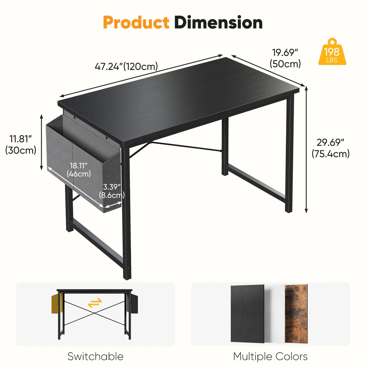 Computer Gaming Desk with Storage Bag – Metal Frame, Wood Tabletop, 31–55 Inch – Black, Rust, White