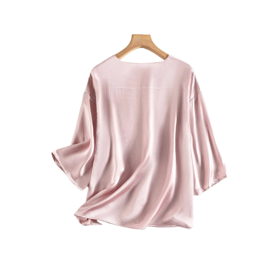 100% Mulberry Silk Satin Pajama Set – V-Neck, Three-Quarter Sleeve, 7 Colors, Sizes L–1XL