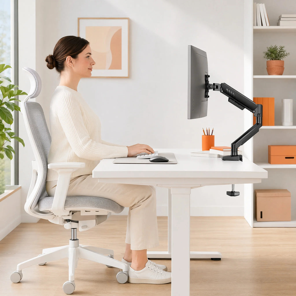 Single Monitor Arm – Gas Spring, 13–34 Inch, VESA 75/100mm, C-Clamp & Grommet, 4.4–19lbs