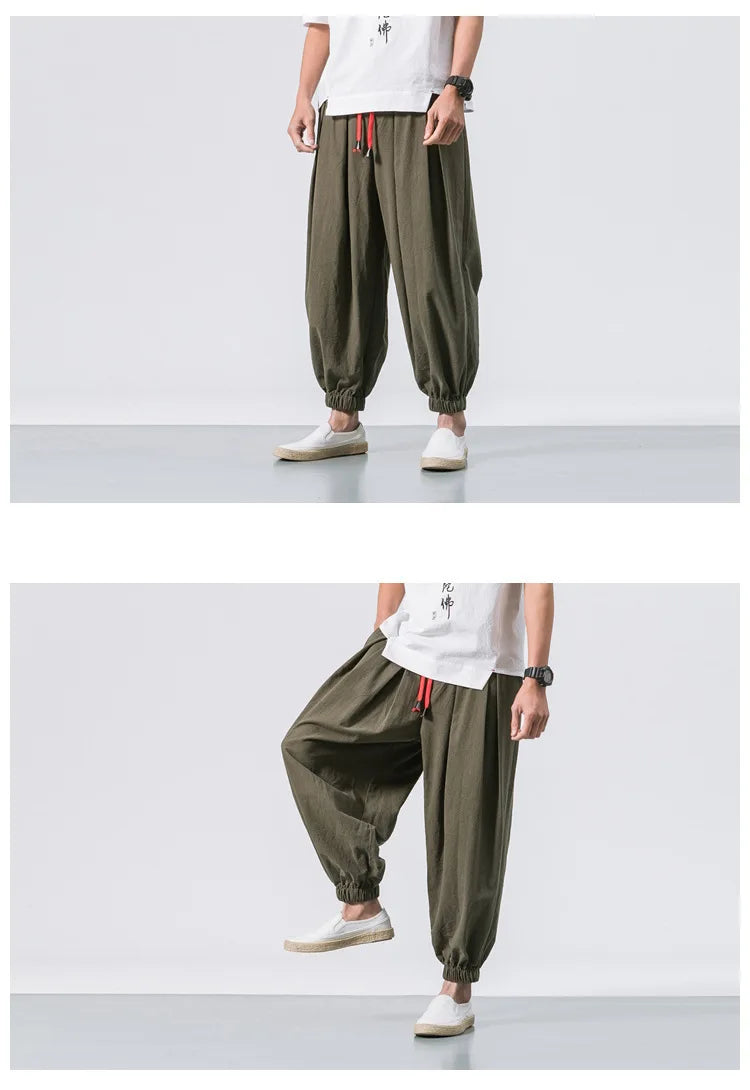 Men’s Oversized Cotton Linen Harem Jogger Pants – Chinese Style, Casual Trousers
