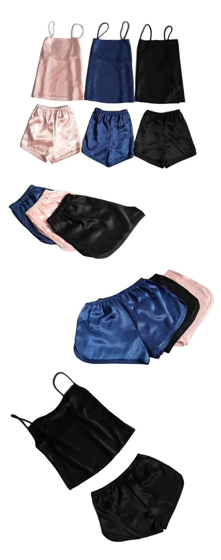 Women’s Satin Silk Cami Pajama Set – Top & Shorts, 7 Colors, Sizes S–XL