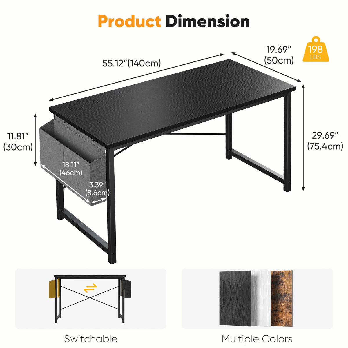 Computer Gaming Desk with Storage Bag – Metal Frame, Wood Tabletop, 31–55 Inch – Black, Rust, White