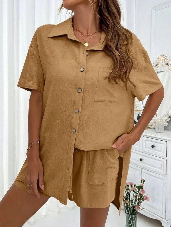 Women’s Cotton Button Shirt & Shorts Pajama Set – Casual 2-Piece, 6 Colors, Sizes S–XL